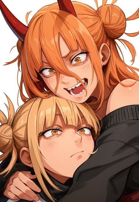 khle2, power_(chainsaw_man), toga_himiko, boku_no_hero_academia, chainsaw_man, 2girls, black_sweater, blonde_hair, closed_mouth, cross-shaped_pupils, crossover, demon_girl, demon_horns, hair_between_eyes, high-waist_skirt, horns, long_hair, long_hair_between_eyes, multiple_girls, open_mouth, orange_hair, red_horns, red_skirt, sharp_teeth, simple_background, skirt, sweater, symbol-shaped_pupils, teeth, white_background, yellow_eyes, masterpiece, masterfully drawn, amazing quality, best quality, incredibly absurdres, elegantly detailed, very aesthetic, illustration, sharp-lines, crisp-image, latest