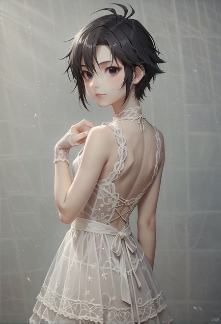 score_9, score_8_up, score_7_up, source_anime, cute, 1girl, solo, petite body, <lora:KikuchiMakoto_pony_v1:0.90> kikuchi makoto, kkcmkt, short hair, black hair, antenna hair, hair between eyes, black eyes, flat chest,  small breasts, (black eyes, pale skin, lace dress:1.5), lace gloves, lace stockings, (back view:1.5)
zPDXL, zPDXL-neg