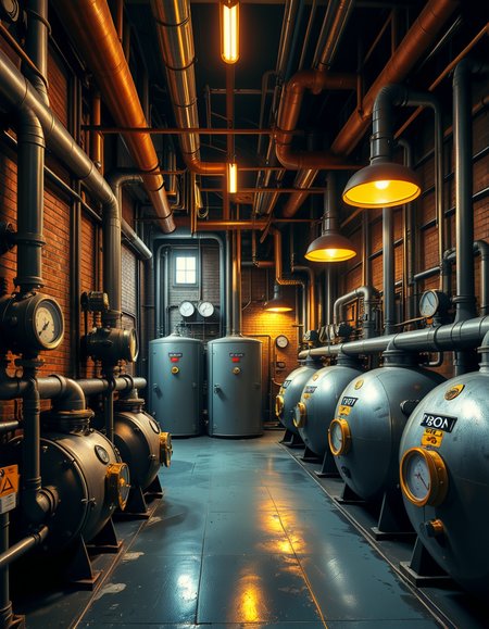 A highly detailed and realistic photograph of an industrial boiler room filled with large metal boilers, complex pipe systems, and pressure gauges. The room is dimly lit with a mix of warm yellow lighting from overhead industrial lamps and cool blue reflections from metallic surfaces. The air is slightly hazy with steam escaping from some of the pipes. The floor is made of reinforced concrete with visible stains from oil and water. Various control panels with blinking LED indicators and warning signs are mounted on the walls. The atmosphere is rugged and mechanical, evoking a sense of power and industrial efficiency. The depth of field is sharp, capturing intricate details such as rust on old pipes, the texture of the metal surfaces, and the labels on the control panels. The composition emphasizes symmetry, with pipes and machinery creating a structured, almost futuristic aesthetic. 
<lora:SDXLFaeTastic2400:0.4> <lora:extremely_detailed:0.4> extremely detailed,<lora:industrial_boiler_room:1>,industrial b01l3r r00m, Masterpiece,best quality,hi res,8k,hi res,8k,award winning,(sharp focus, intricate, highly detailed),