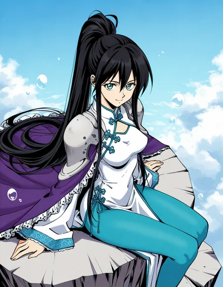 official style,Ryukichi kousyu,black hair,very long hair,ponytail,green eyes,purple frilled cape,shoulder armor,wide sleeves,(white china dress:1.2),aqua pantyhose,bubble,from front,facing viewer,front view,front angle shot,shoot from front,straight-on,outdoors,sky,day,(sitting:1.5),
explicit,soft brightness,perfect face,perfect nose, perfect hair, perfect eyes,perfect female body,perfect skin,a face of perfect proportion,perfect lighting,perfect anatomy,perfect proportion,perfect hands,perfect legs,perfect fingers,masterpiece,hair between eyes,
medium breasts,
perky breasts,best quality,very aesthetic,absurdres,16k,intricate detail,amazing quality,(bold:3.12),thick outline,black outline,harsh lines,soft lines,deluster,boldline,curvy,light smile,slim,(hat:-1),(empty eyes:-1),(emphasis lines:-1),(thighs:-1),
looking at viewer,
super fine illustration,detailed linework,vibrant colors,kawaii,flat color,
(from above:2),(from side:2),
 <lora:è¤å´ç«ç_å°ç¥æ¼ç¾©ç«åå¬ä¸»illustriousFujisaki_Ryu_version_style_Houshin_Engi_Princess_Ryukichiillustrious:1:0.8>