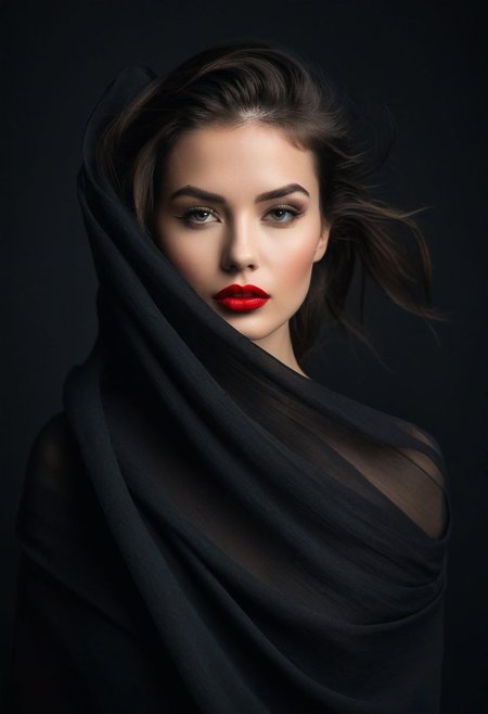 Minimalistic black background with a woman's face  with sharp red lipstick, partially obscured in the style of flowing fabric, acreating an enigmatic and mysterious atmosphere. The dark tones accentuate the dramatic effect of her lips and hair against the stark contrast between lightness and darkness in the composition. This design is perfect for conveying a sense of mystery or depth. The ultra realistic photography style accentuates the dramatic effectThis stunning image is rendered in insanely high resolution, realistic, 8k, HD, HDR, XDR, focus + sharpen + wide-angle 8K resolution + HDR10 Ken Burns effect + Adobe Lightroom + rule-of-thirds  + high-detailed bark.
(minimalist abstraction:1.2), (subtle gradient backdrop:1.1), (tranquil yet evocative:1.2), (conceptual portraiture:1.3), (play on perception:1.2), Canon EOS 5D Mark III, 1/160s, f/8, ISO 100, (surreal calm:1.1), (visual metaphor:1.3),