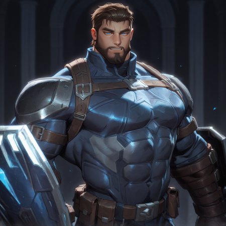 <lora:captainaiw_ill:.75> multicolored armor, short hair, gloves, leather, shield, blue eyes, brown hair,
aixiwuganda_(20222192), (artist:niichi \(niichi21\):0.5), (artist:jezz mons art:0.8), (artist:my eight:0.8), solo,
solo, muscular male, bara, mature, asian, hairy, hairy body, (very short hair), male focus,
very awa, masterpiece, best quality, absurdres, newest, perfect quality, detailed background, intricate details,
<lora:slider_Body Type_alpha1.0_rank4_noxattn_last:3><lora:style_Anime Summer Days 2 Style SDXL_LoRA_Pony Diffusion V6 XL:.6><lora:style_Low-Key Lighting Style - pony:.5>, DARK, DARK BACKGROUND, LOW-KEY LIGHTING <lora:slider_cfg_scale_boost:.7>