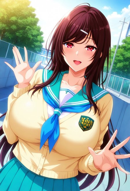 general,highres, ultra-detailed,very aesthetic,best quality ,best hands,best eyes,easynegative,
dynamic anglre, dutch angle, anime cloring,
1girl solo,looking at viewer,outdoors,school,waving hand, smile,open mouth, 
Suzuka Kijou,dark brown hair,long hair,hair,ornament,red eyes,huge breasts,school uniform,