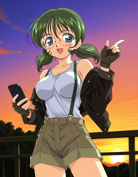 general,highres, ultra-detailed,very aesthetic,best quality ,best hands,  BREAK <lora:Sakurako_Spiral_NAMI_IS:1> 2000s \(style\),anime coloring,
Sakurako, solo, glasses, green hair, blue eyes, twintails, short hair, large breasts, smile, open mouth, gloves, shorts, fingerless gloves, tank top, phone, jacket, suspenders, sunset, outdoor, sky,