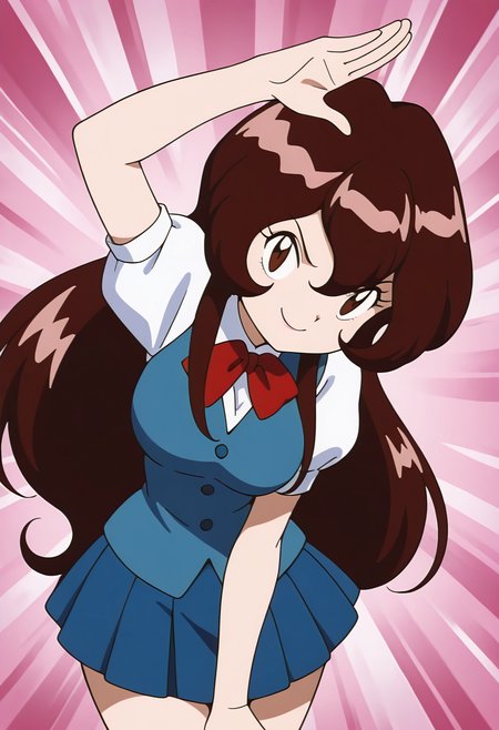 masterpiece, best quality, solo, curvy, beautiful eyes, aged up, large breasts, wide hips, narrow waist, 1girl, solo, smile, looking at viewer, zzGiselle, brown eyes, hair between eyes, brown hair, long hair,   red bowtie, puffy short sleeves, blue vest, buttons, blue skirt, smug,  <lora:GisellePokemon_IXL:1.0>,     squatting, dynamic pose, cowboy shot, playful expression, looking at viewer,