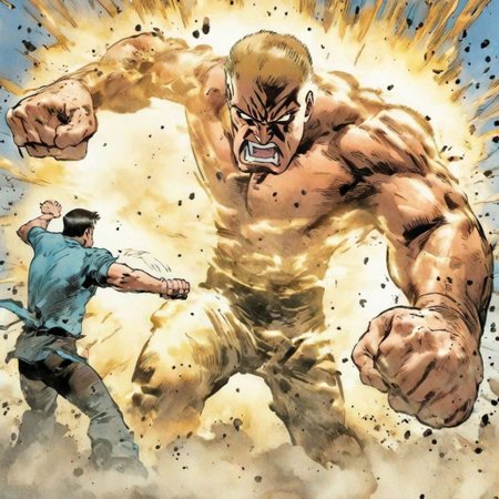man punching giant, unarmed, action shot