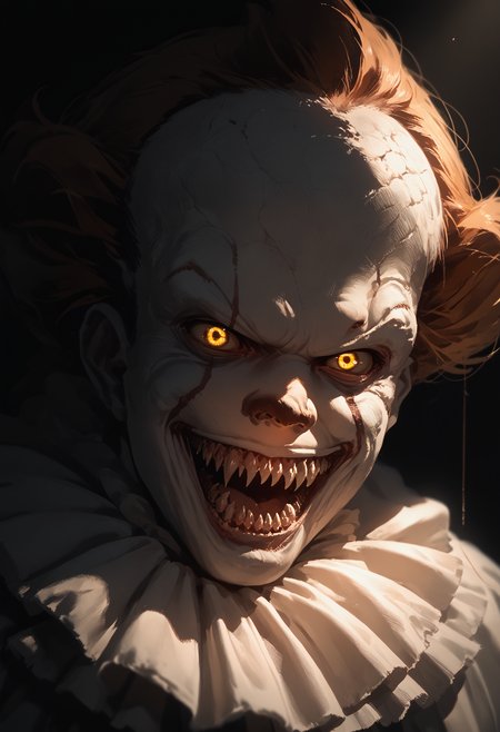 score_9, score_8_up, score_7_up, score_6_up, 1boy, monster, white costume, dark background, dim lighting, sharp teeth, solo, portrait, yellow eyes, 
<lora:pennywise_v0.6-pony:1>
<lora:dark_v1.9-pony:1>