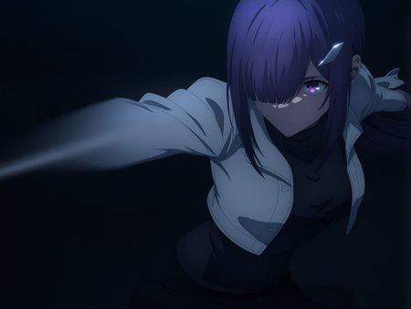 1girl, solo, upper body, 
 style-ufotable, chiaroscuro, high contrast, 
    flying ,in air,  night ,close-up,  leaning forward ,fighting stance, 
metal string, reaching, foreshortening, 
dark purple hair, purple eyes, hair over one eye, long bangs, low ponytail, hair white bow,hairclip, 
long sidelocks,
medium breasts, 
cropped jacket, white jacket, black shirt, sleveless shirt,  black miniskirt, 
speed line, motion blur, 
,masterpiece, best quality, newest, absurdres, highres,
 <lora:style_ufotable_v1:1>