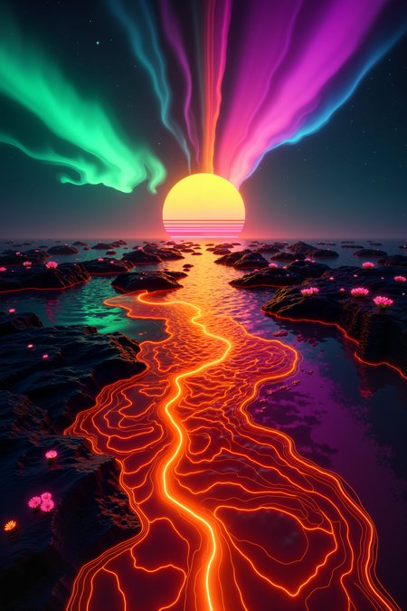 high detail, masterpiece, high resolution, sharp, hyperrealism, raw photo, high angle, dynamic perspective, abstract, geometric,weird,surreal,elemental,primal,nature,A vast ocean stretches to the horizon, but instead of water, itâs a sea of undulating, liquid fire, glowing in shades of deep red, orange, and gold. Despite its fiery appearance, the air around it is cool and carries the faint scent of ash. Above, the sky is dominated by a brilliant aurora borealis, its ribbons of green, blue, and purple light weaving slowly across the heavens. Floating islands of jagged black rock hover above the ocean, their surfaces covered with glowing moss and bioluminescent flowers that cast soft, multicolored glows into the surreal, fiery seascape below. ,ck-nw, in the style of ck-nw<lora:ck-Neon-Retrowave>