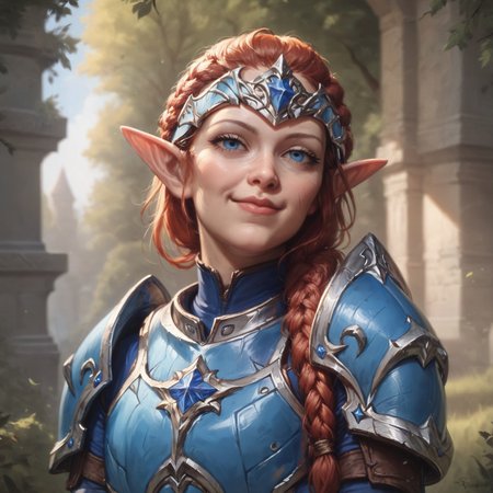 (((beautiful, high quality))), upper Body, score_9, score_8_up, score_7_up, Elf, pointed ears, small ears, auburn hair, hair braid, wide hips, curvy, 1girl, blue eyes, looking at the viewer, dynamic pose, blurred background, in the style of jeff-easley, oil painting, realistic, smile, (blue armor:1.2), massive armor, narrowed eyes, helmet, youthful face, lips closed, 