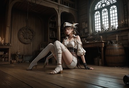 ,ruanyi1288,indoors,
,ruanyi1135,asymmetrical clothes,belt,bandages,frills,gold necklace,hat feather,single glove,white shorts,thighhighs,jewelry,single gauntlet,
on floor,knees together feet apart,<lora:1288 Inside the ruined ship_v1_pony:1>,<lora:1135 Gunslingirl_v1_pony:0.7>, score_9,score_8_up,score_7_up,,8k,1girl,solo,,