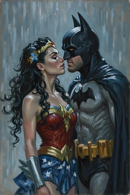 claudemonet1 painting. Close-up of Wonder Woman and Batman Kissing in the rain  <lora:claudemonet1_cap_d8a4e12:1.0><lora:843600674651605403:0>