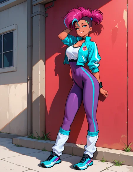 masterpiece, best quality, very aesthetic, absurdres,
outdoors,
full body, standing, posing, 
seductive smile, parted lips, long eyelashes,
 <lora:Moika_v01_ILXL:1>
M01k4,1girl,solo,dark-skinned female, multicolored hair, mohawk, ponytail, undercut, hair ornament, earrings, blue eyes, choker,
sport footwear, leg warmers, purple leggings, short open jacket,