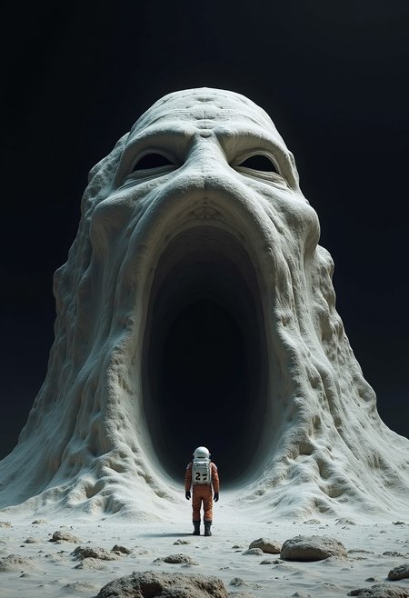 photograph of giant statue of an open mouth carved in mountain with a cave entrance inside mouth, , mountain on the surface of the moon,
(front centered wide shot, huge gate, big size difference, on a moon planet, rear view of man in space suit standing:1.2),
black dark blank space background, hard lighting