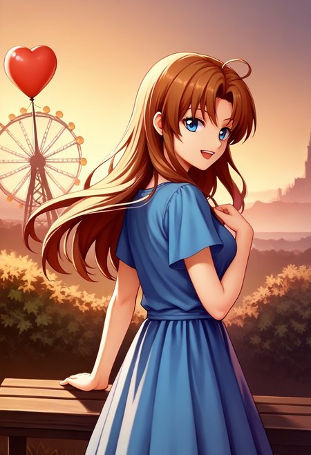 score_9, score_8_up, score_7_up, highres, (best quality:1.1), masterpiece, absurdes, 1girl, solo, long hair, looking at viewer, smile, standing, outdoors, night, bench, balloon, lamppost, ferris wheel,   lilia (ys) , ys ii, <lora:lilia_Pony_v1:0.5> solo, brown hair, long hair, blue eyes, blue dress, dutch angle, panorama shot, looking back, expressionless, boulevard, open mouth, (upper body:1.2)