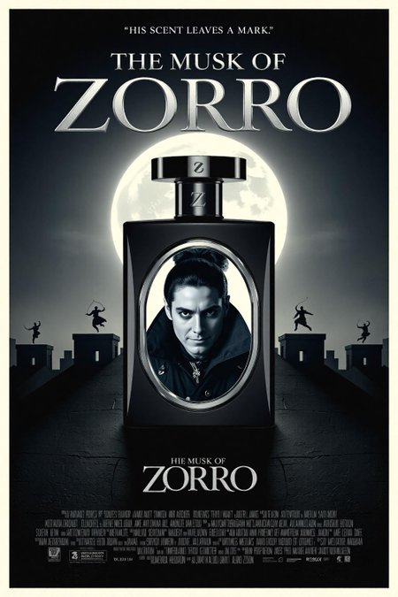 mvpstr. Epic Movie poster for "The Musk of Zorro," featuring a sleek bottle of men's cologne as the centerpiece. The cologne bottle has an elegant black and silver design with a bold, artistic portrait of Zorro on the front. Zorro is depicted in his iconic black mask and wide-brimmed hat, with a playful, smirking expression. The bottle's cap resembles the handle of Zorro's sword, with a Z-shaped insignia etched into it. In the background, dramatic shadows of Zorro's silhouette leap across rooftops under a full moon. The poster has a mix of action and comedy, with bold, exaggerated fonts for the title, "The Musk of Zorro," in metallic silver, positioned at the top. The tagline underneath says, "His scent leaves a mark." Cinematic lighting highlights the glossy cologne bottle, giving it a luxurious, commercial feel. Humorous, over-the-top design, matte finish, vintage movie poster style. <lora:schnell_v1.0:1.0> <lora:EpicMoviePoster-000015:1.0><lora:785792076999606769:0>