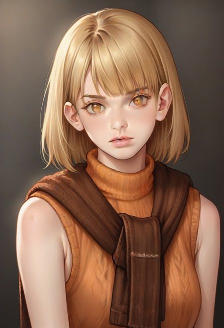 <lora:ashleygraham:0.9>, ashleygraham, photorealism, 1girl,solo,blonde hair,bob cut,bangs, golden eyes,orange turtleneck,sleeveless,brown sweater over shoulder,,green plaid skirt,brown belt, ,,,