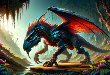 An monstrous chimera with squid head dragon wings, multiple eyes, tentacles hybrid creature with flower iron spikes-like feathers, standing in a wasteland of red blood flowers, hyperrealistic, using the EasyNegative model. The creature should be extremely detailed, following HK style, and appear as if made from wooden art. The scene should also include elements of an insectosaur. Ensure the overall image is dark, by using Dark art style, ral-mythcr,
<stardeaf-greenmageddon>