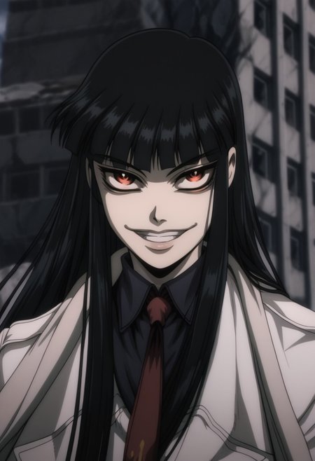 score_9, score_8_up, score_7_up,  girlycardXL11, 1 girl, solo, red eyes, black hair, long hair,blunt bangs, scarf, blue shirt, red necktie, white jacket, white coat, evil smile, ruins,  face, close up,