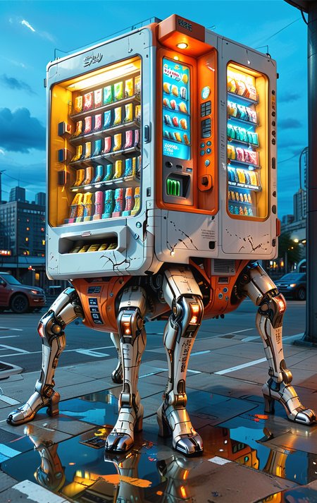 (realism:1.8), (Cel-shading:1.3), (in ARTIST style:1.4), (masterpiece:1.7),
(mechanical legs vending machine:2), solo, outdoors, sky, cloud, city, vending machine focus, scenery, (mechanical legs vending machine), (legged vending machine), (multiple legs),
(white neon),  (orange neon), graffiti, Traction City, white paint, (paint scratches:2), (metal scratches:2),
(ultra sharp focus:2), (detailed windows:2), (thin lines:2), (reflections:2),
(best quality:1.8),
<lora:Apparatus_-_Traction_City_Walkers_Vehicles:0.8>
<lora:glowneon_xl_v1:1>