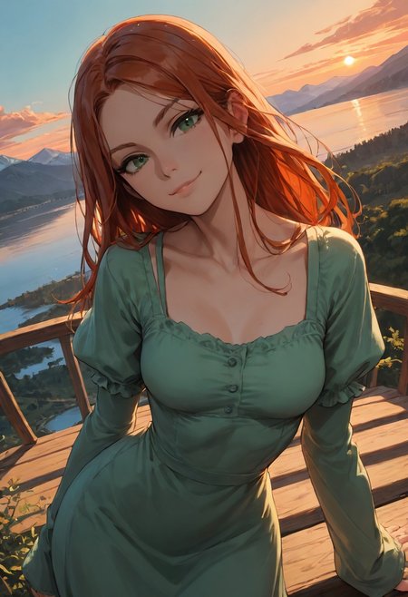 (score_9, score_8_up, score_7_up), zPDXL3, (drawn, wide hips:1.3),1girl, solo, medium breasts, redhead, 
green eyes, long hair, green dress, from above, sunset, dynamic lighting, sundress, sleeves,
(outdoors, mountains, river:0.8),  (face focus, close-up:1.5),
looking at viewer,
(dutch angle, leaning on railguard, standing, leaning back1.3), 
smug,