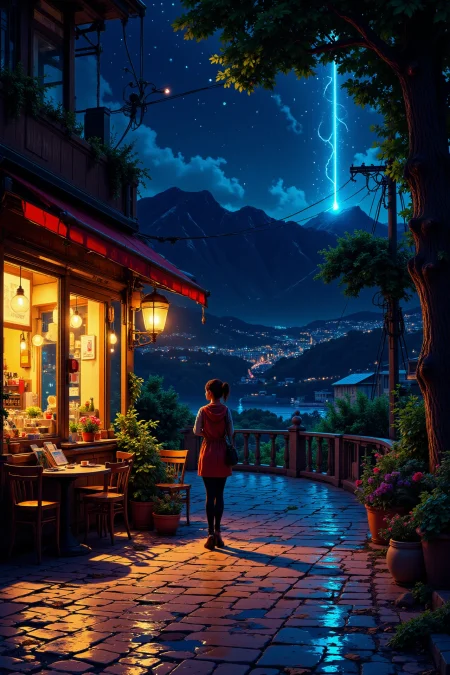 a woman at a cafe beautiful  landscape, bright luminous starry night, woman, very intricate, very detailed, sharp, bright, colorful, <lora:Hand v2:0.5> <lora:Anti-Blur:1><lora:Insane Detail Slider:0.25>  <lora:flux.1_lora_flyway_Epic-detail_v2:0.3> <lora:fluxenhancer:0.25> <lora:ck-Neon-Retrowave:0.4> ck-rw, in the style of ck-rw,  <lora:Neurocore Anime Cyberpunk:0.8> A digital artwork in the style of cknc