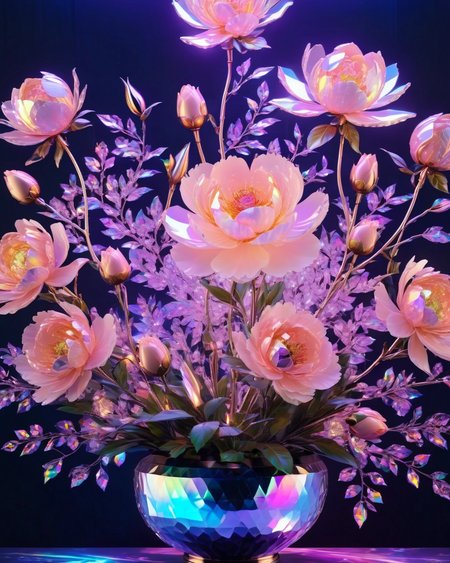 <lora:holographic1_10xl-10:0.8>,(holographic:1.2),holographic fabric,high quality exquisite wallpaper,(((crystal peach blossom))),((crystal composed of peonies and roses)),wide_shot,metal exquisite mechanical structure,(glowing neon lights:1.2),(photon force field:1.5),in a peach blossom vase,