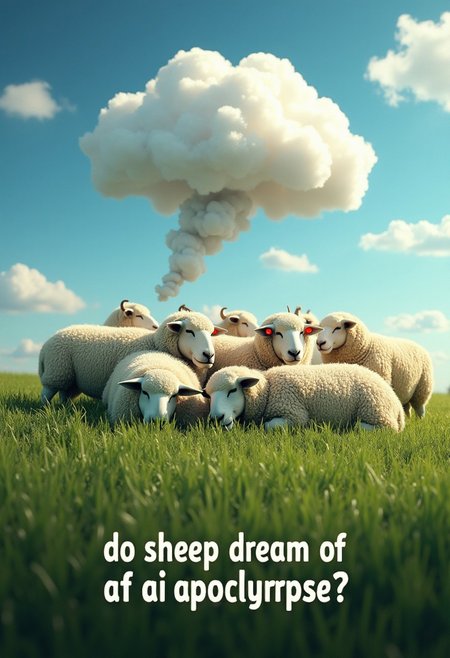 poster with a green grass and blue sky. Herd of sheep on it are sleeping. Cloud bubble coming out of their heads with terminators with red eyes looking at them.  Text on bottom of the poster "do sheep dream of ai apocalypse?"
