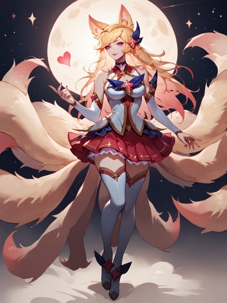 score_9, score_8_up, score_7_up, BREAK, AhriStarGuardian, blonde hair, blonde fox ears, black hairpin, white shirt, bare shoulders, white oversleeve, white red skirt, white stockings, shoes, fox tails, starry sky, dark theme, concept art, ExpressiveH,<lora:AhriStarGuardian:1>   <lora:Concept Art Twilight Style SDXL_LoRA_Pony Diffusion V6 XL:1> <lora:Expressive_H:1>