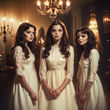 core_9, score_8_up, score_7_up, score_6_up,  <lora:70s_Horror_MoviePony:1> ArsMovieStill, movie still from a 1970s horror movie, The image is a vintage photograph of three young women standing in a dimly lit room. The woman in the center is wearing a white dress with a high neckline and long sleeves. She has long dark hair and is looking directly at the camera with a serious expression. On the left is a young girl with long dark brown hair wearing a floral dress with white lace detailing. She is standing next to the woman on the right who is also wearing a long white dress.The background is blurred but it appears to be a room with a chandelier and other decorative items. The overall mood of the image is eerie and mysterious., multiple girls, dress, long hair, white dress, 3girls, black hair, realistic, brown hair, horror (theme), ghost