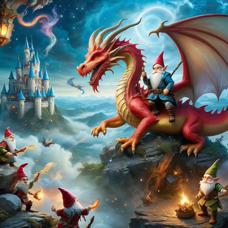 Fujifilm quality photograph (best quality)++, (masterpiece)++, (detailed)+, elf on the shelf fighting a Dragon, (fantasy illustration)1.3, enchanting Dragon battle elf on the shelf, mystical battle, (many gnomes battling)1.4 (whimsical charm).4 Otherworldly charm, mystical sky, (Luis Royo)1.2, (Yoshitaka Amano)1.1, moonlit night, soft colors, (detailed cloudscape)1.3, (high-resolution)1.2 (gnomes  battling everywhere)1.2 , <lora:DonM3t3rn1tyXL-v1.1:0.3> DonM3t3rn1tyXL <lora:DonMD1g174l4sc3nc10nXL:0.3> DonMD1g174l4sc3nc10nXL  <lora:Dragons:0.8> dragon  <lora:EnvyMagicalXL01:0.3> magical <lora:FantasyLandscape:0.8> FanLan