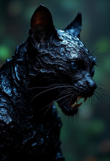 Off-center composition, right-aligned dynamic composition, an other wordly cat like monstrous creature, erotic female, black glossy fractal skin leather texture, deap sea, slimey, teeths, black eyes, cinematic film still  . shallow depth of field, vignette, highly detailed, high budget, bokeh, cinemascope, moody, epic, gorgeous, film grain, grainy