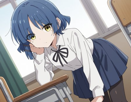 score_9, score_8_up, score_7_up, source_anime,
ryouyamada, <lora:ryou-yamada-s1-ponyxl-lora-nochekaiser:1>,
ryou yamada, blue hair, eyes visible through hair, mole, mole under eye, short hair, yellow eyes, hairclips,
black pantyhose, black ribbon, blue skirt, long sleeves, pantyhose, ribbon, school uniform, shimokitazawa high school uniform, shirt, skirt, white shirt,
indoors, classroom, bent over,
cowboy shot, solo, dutch angle, looking at viewer,