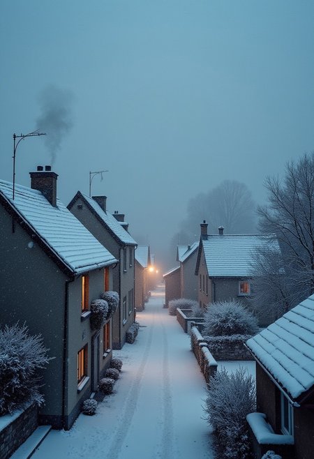 view from rooftop of a cottage covered with snow, winter, snowflakes, bad weather, evening, clouds, nostalgia, trees covered with snow, mild fog, streetlights, village, smoke from chimneys,