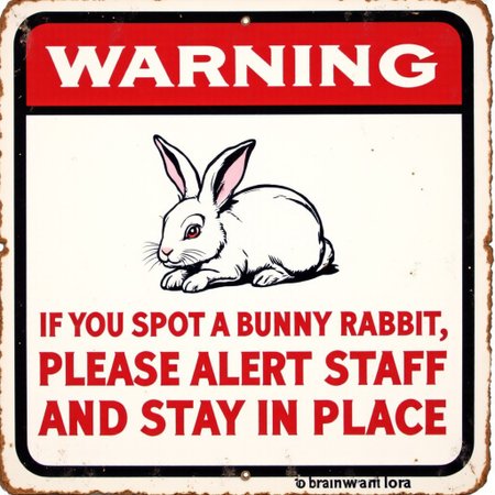 A vintage sign warning that if any of the general public begin to see bunny rabbits to please alert staff and stay in place. The text on the sign says "WARNING" at the top, then in the middle the text says "IF YOU SPOT A BUNNY RABBIT PLEASE ALERT STAFF AND STAY IN PLACE". It is clear in its design and has a clearly drawn cute rabbit in the centre to add to the text in informing people, brainwashlora.