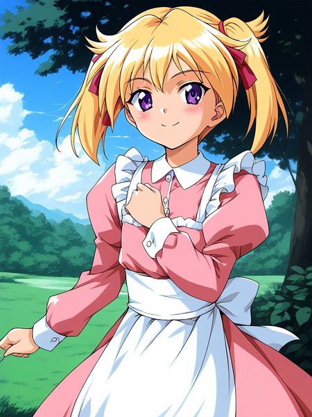 score_9, score_8_up, score_7_up, source_anime, rating_explicit, BREAK  <lora:Ijuin_Mei_XL:0.9> Ijuin_Mei, blonde hair,  purple eyes, medium hair,
twintails, solo,  long sleeves, looking at viewer, ribbon, pink dress, white apron, short stack, flat chest,
blush,  outdoor, day, light smile,
looking at viewer, 
cowboy_Shot,