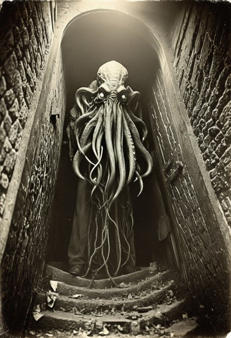 antique photo, eerie atmosphere, creepy, descent into madness, cthulhu, horror, lovecraft