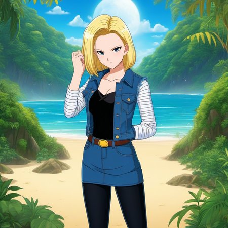 anime artwork a blond woman wears a jean jacket, black tights, a jean miniskirt, beach jungle, touches her hair <lora:Android18-1024:0.8> . anime style, key visual, vibrant, studio anime,  highly detailed
