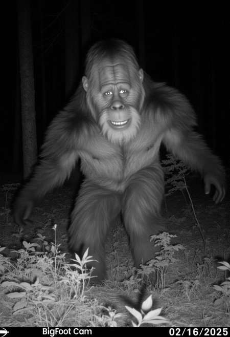The image is a closeup black and white infrared trailcam photograph of HarryBigfoot's face in a forest at night.  A timestamp in the bottom right corner of the photo says BigFoot Cam 02/16/2025