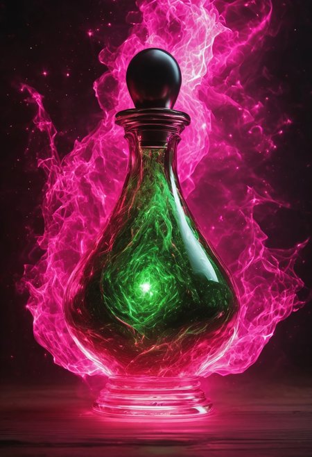 Score_9, Score_8_up, Score_7_up, Score_6_up, Score_5_up, Score_4_up, high_def, highest quality, 4k, best quality, masterpiece, focused, defined, (Photorealistic magic potion:1.3), intricate glass bottle, elixir, neon pink color, green color, bubbling, ethereal light, flashy lights, magic lights, luminous, dynamic reflections, magical aura, highly detailed, fantasy essence, glowing particles, radiant aura, A3THER