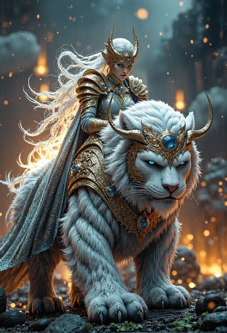 An awe-inspiring fantasy scene featuring a powerful warrior queen atop a colossal white tiger with piercing blue eyes. The queen is adorned in intricately detailed armor with golden and blue accents, displaying feathers and gemstones that catch the light, lending an air of regality. Her golden crown, adorned with tall, flame-like antlers, complements her flowing hair that dances in the wind. The tiger, equally majestic, is equipped with golden and sapphire-encrusted armor that enhances its formidable appearance. Its massive horns curve gracefully, framing its intense, intelligent gaze. The background reveals a stormy, mystical sky, with dark clouds swirling, giving an impression of impending adventure and untamed power. heroic, glorification, epic, backlit.  <lora:FluxMythP0rtr4itStyle.safetensors:0.5>,  <lora:BeautyInEvilFlux.safetensors:0.75>,  <lora:aiai-Glimra-Flux-Dev-v2.safetensors:0.35>,  <lora:Movie_Portrait.safetensors:0.8>,  <lora:lith_mimosa_kiel_grw134_FLUX.safetensors:0.7>,