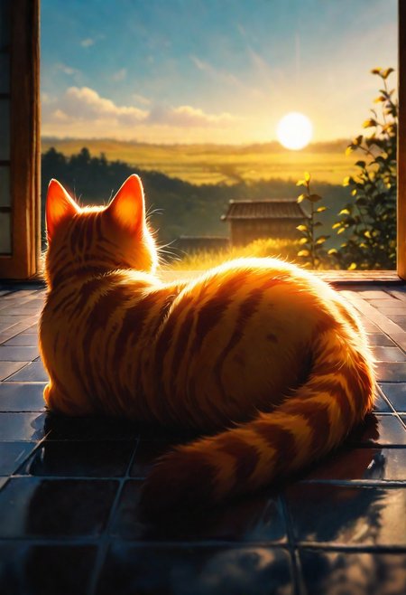 two cat, Rooftop, outdoor, blue sky, water colour, A tranquil and picturesque photograph of two ginger cats lounging on the traditional tiled roof of an old-style building. One cat is peacefully lying down with its eyes closed, basking in the warmth of the sun, while the other is actively exploring, stepping carefully along the curved tiles. The cats' vibrant orange fur contrasts beautifully with the dark blue-gray tones of the roof tiles, creating a harmonious yet visually striking composition.
In the background, the blurred view of a traditional structure with wooden windows and intricate detailing adds depth and context to the setting. Bright green leaves from a nearby tree hang into the frame, illuminated by sunlight, adding a fresh and lively touch to the otherwise calm and serene scene.
The natural lighting enhances the colors and textures, with the sunlight casting soft shadows across the roof and accentuating the curves of the tiles. The overall atmosphere is peaceful and idyllic, capturing a quiet moment of life in a traditional, rural environment. (((masterpiece,best quality,newest,absurdres,highres)))