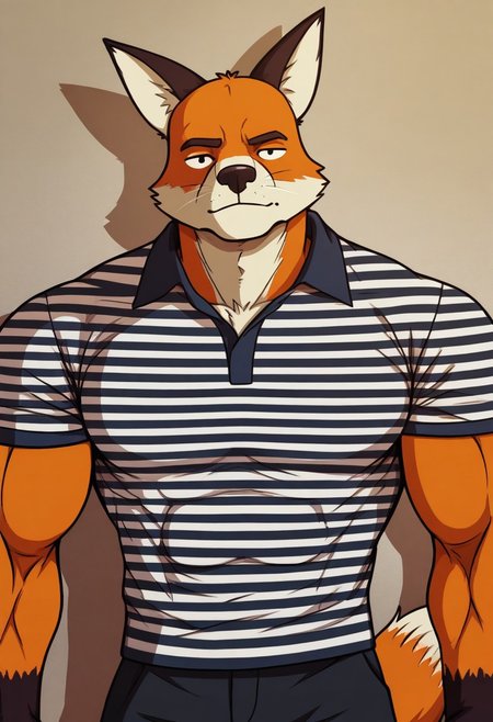 <lora:CoryFOS:0.8>, solo, cory, fox boy, male, manly, masculine, black eyes, striped shirt, pants, face focus, portrait, upper body, BREAK masterpiece, best quality, amazing quality, very aesthetic, high resolution, ultra-detailed, absurd res, newest, detailed fur, detailed muscles, furry male, fox tail