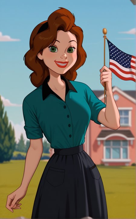 score_9, score_8_up, score_7_up, absurdres, portrait, american flag, flag background, smile, vertical stripes, striped, star symbol, <lora:PONYXL_IronGiant_AnnieHughes_ownwaifu:1>, BREAK GreenShirt_AnnieHughes_ownwaifu, 1girl, aqua shirt, black hairband, black skirt, blue shirt, breasts, brown hair, collared dress, collared shirt, eyeshadow, green eyes, green shirt, lipstick, long hair, long skirt, makeup, medium breasts, nose, polo shirt, red lips, short sleeves, sleeves rolled up, <lora:add-detail-xl:0.15>,