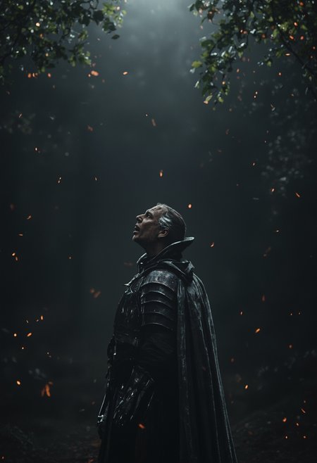 cinematic quality, ultra high resolution image quality, intricate textures, In the depths of the night, a lone figure stands tall, his armor gleaming in the dim light. The knight, clad in a cloak and cloak, stands before him, his eyes fixed on the horizon. The scene is set in a dimly lit room, with a single spotlight shining on the knight's face. The air is thick with the scent of burning wood and the sound of rustling leaves fills the air. The figure's face is contorted in a symphony of awe and wonder, as if he has been a part of the world for centuries.