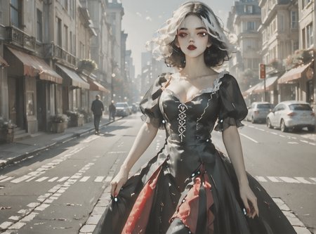 score_9, score_8_up, score_7_up, setting focus, character in foreground, establishing shot, woman, pale skin, large breasts, <lora:sm0k3XLP:1>, <lora:goth_clothes:1>, vampire dress, black details, red lining, Black hair, white highlights, <lora:nashidrop:1>, <lora:Eldritch_Universe_Style:1>,