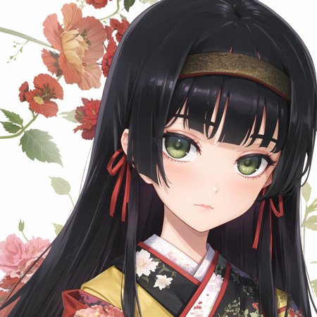 1girl, Renge, green eyes, (face close up), (hair tie), scrunchie, frilled ascot, print kimono, frilled thighhighs,
 <lora:Renge v1.0:0.6>
