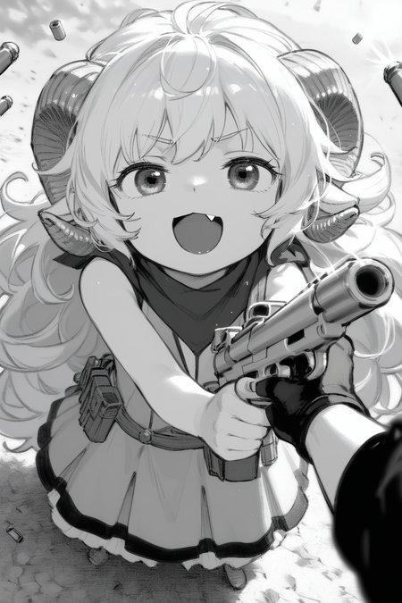 P90, holding gun,firing, shell casing, muzzle flash, casing ejection, bullet, aiming, 
looking up at viewer, smug, open mouth, fang, randoseru,
high angle shot, height difference, looking up at viewer, head tilt,
lauriescooper, sheep horns, very long hair, fluffy hair, white hair, sheep girl, young, messy hair, happy, outdoors,
(black and white, manga effect :1.2),
(score_9,score_8_up, score_7_up), zPDXL2, 4k,(dream illustration:1.2),(dynamic angle shot:1.4), (detailed skin texture:1.1), cinematic lighting,
<lora:Laurie:0.8>, <lora:add_detail:0.6>, <lora:P90_XL_v1:0.7>,