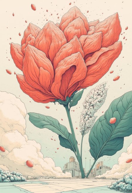 A minimalist, bichromatic red green, abstract hand-drawn style using only clean, organic shapes to create structure and definition. [An image with intricate cross-hatching, dense linework, and stippling for rich textures and shading. Incorporate smooth, organic details like fog and coastal, arranged with deliberate precision to convey realism and control.]. The rendering relies on bright, open spaces and crisp whites, avoiding deep shadows, for a polished, weightless aesthetic. Figures and forms are softened, natural, and delicate, enhancing a serene, harmonious tone. The careful balance of light line weight and gentle gradients removes visual tension, resulting in a calm, atmospheric composition with an odd, quiet charm.