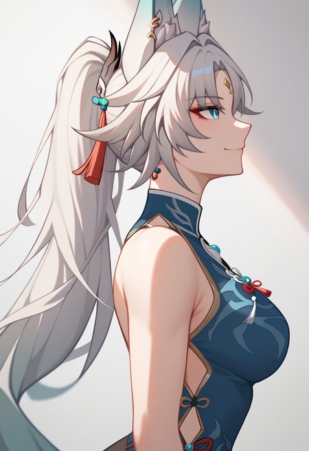 score_9,score_8_up,score_7_up,<lora:feixiao_v2:1>,red_eyeliner, looking_ahead, sleeveless_shirt, smile, 1girl, hashtag-only_commentary, fox_girl, feixiao_\(honkai:_star_rail\), closed_mouth, bare_shoulders, profile, blue_shirt, highres, solo, no_jacket, large_breasts, from_side